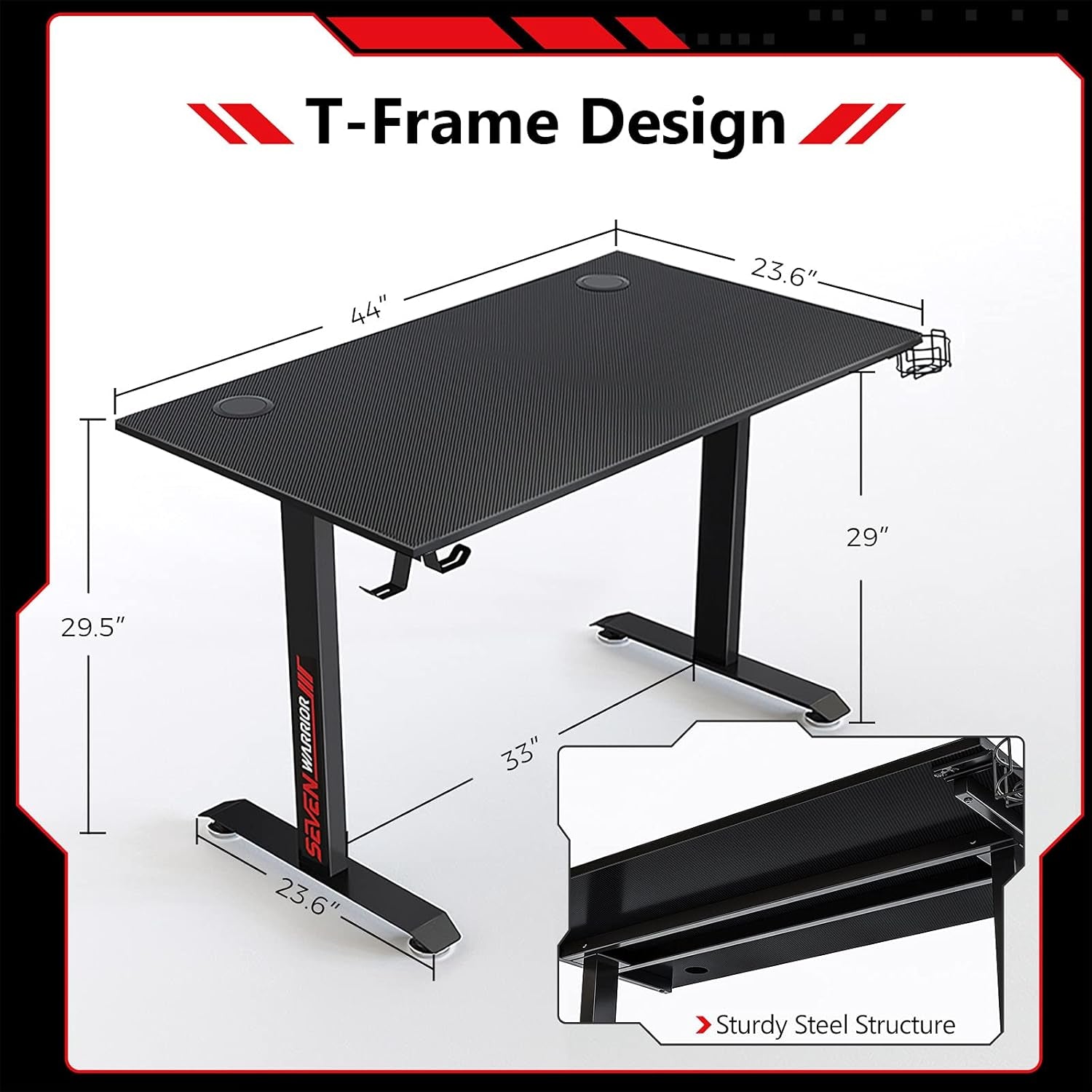 Gaming Desk 44 INCH, T- Shaped Carbon Fiber Surface Computer Desk with Full Desk Mouse Pad, Ergonomic E-Sport Style Gamer Desk with Double Headphone Hook, USB Gaming Rack, Cup Holder