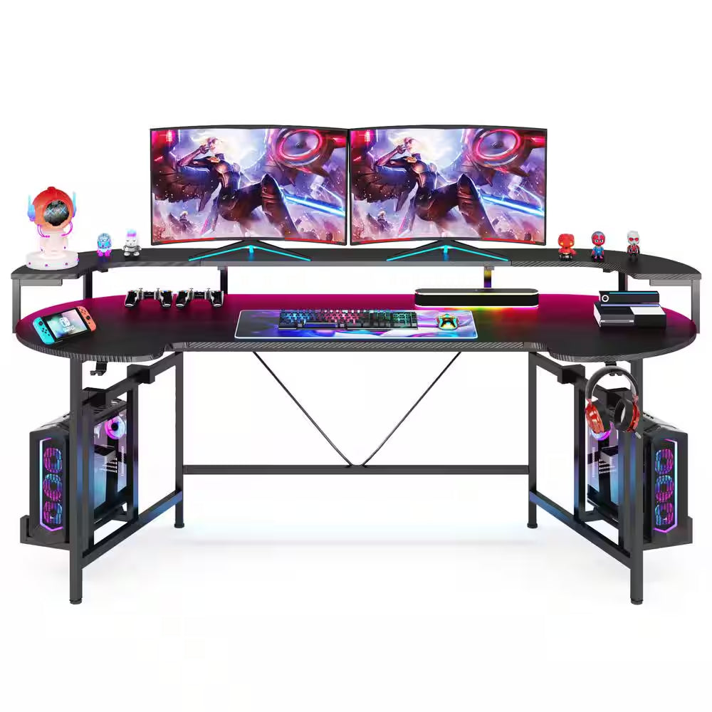 Halseey 75 In. Black Wood and Metal Computer Desk Writing Gaming Desk with Led Strip Monitor Stand