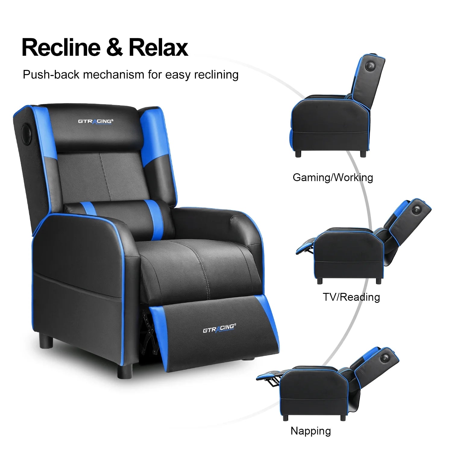 Level up your gaming experience with our sleek Blue Racing Style Recliner Chair! 🎮✨ Enjoy Bluetooth speakers, a cozy footrest, and massage lumbar support for ultimate comfort in your living room or home theater! 🛋️💙 #GamingChair #HomeTheater #ComfortGaming