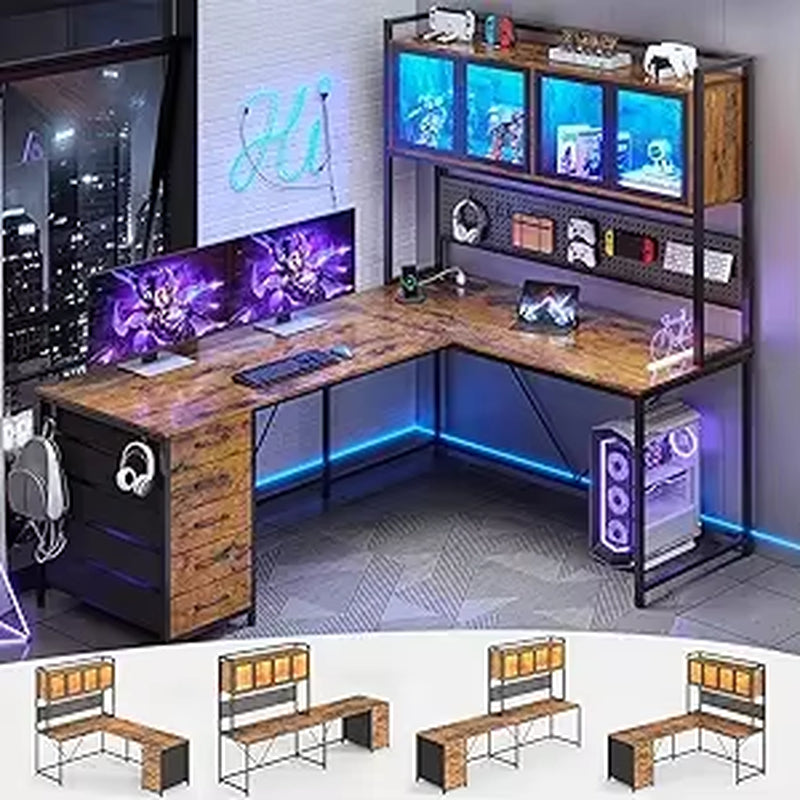 L Shaped Gaming Desk with Drawers, L Shaped Computer Desk with Hutch and Storage Shelves, Gaming Desk with Pegboard, Led Lights