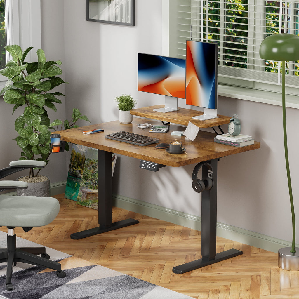 47" Wide Home Office Electric Height Adjustable Standing Desk Lifting Range 28~46" Computer Desk with Monitor Stand,Brown