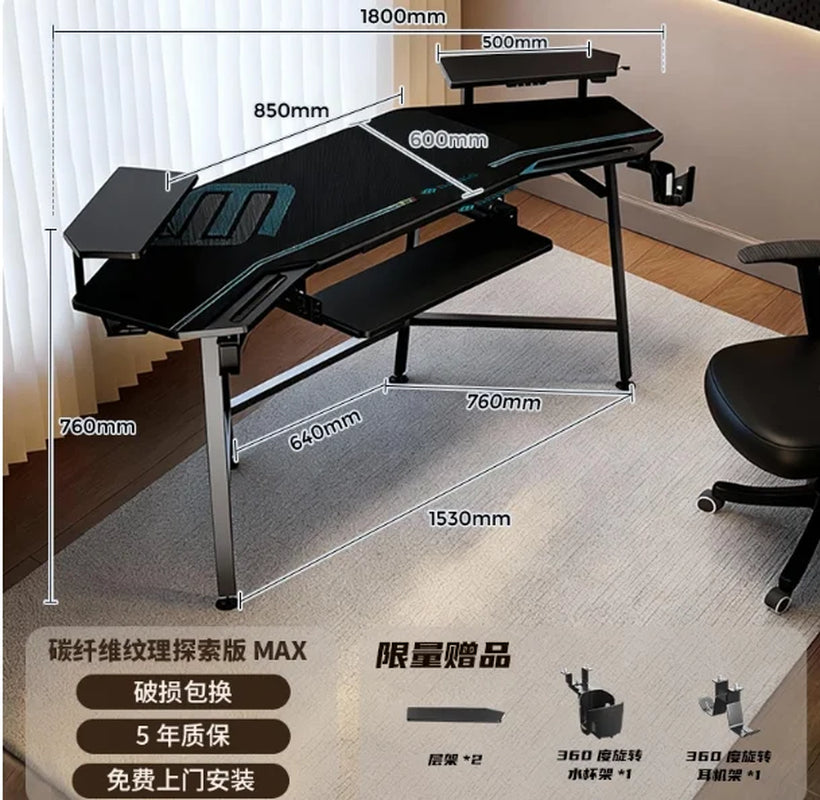Aero Gaming Desk with Led Lights, 72" Large Wing-Shaped Studio Desk W Keyboard Tray Monitor Stand Dual Headphon