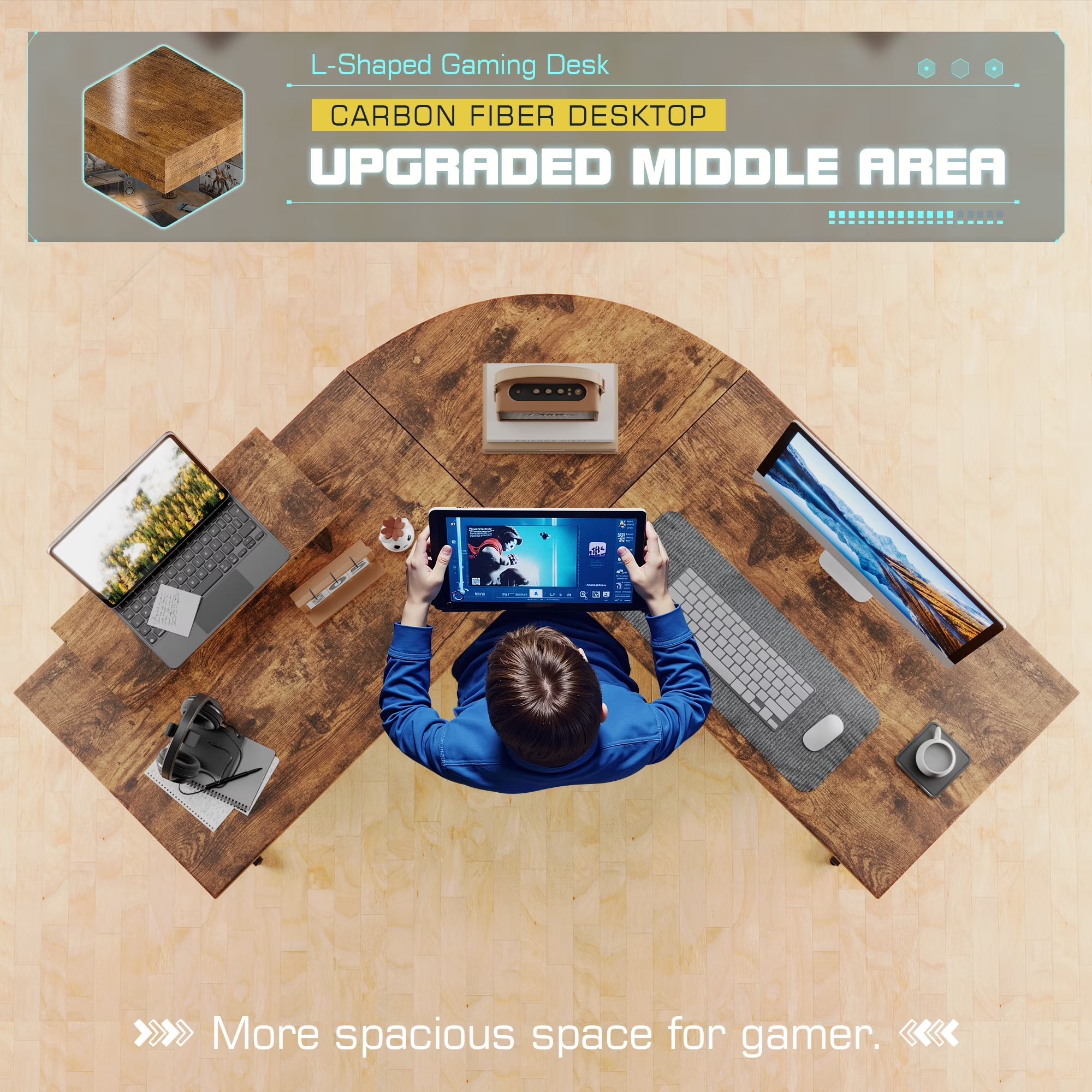 L-Shaped Gaming Desk 51.2 Inches Corner Office Gaming Desk with Removable Monitor Riser, Classical Brown