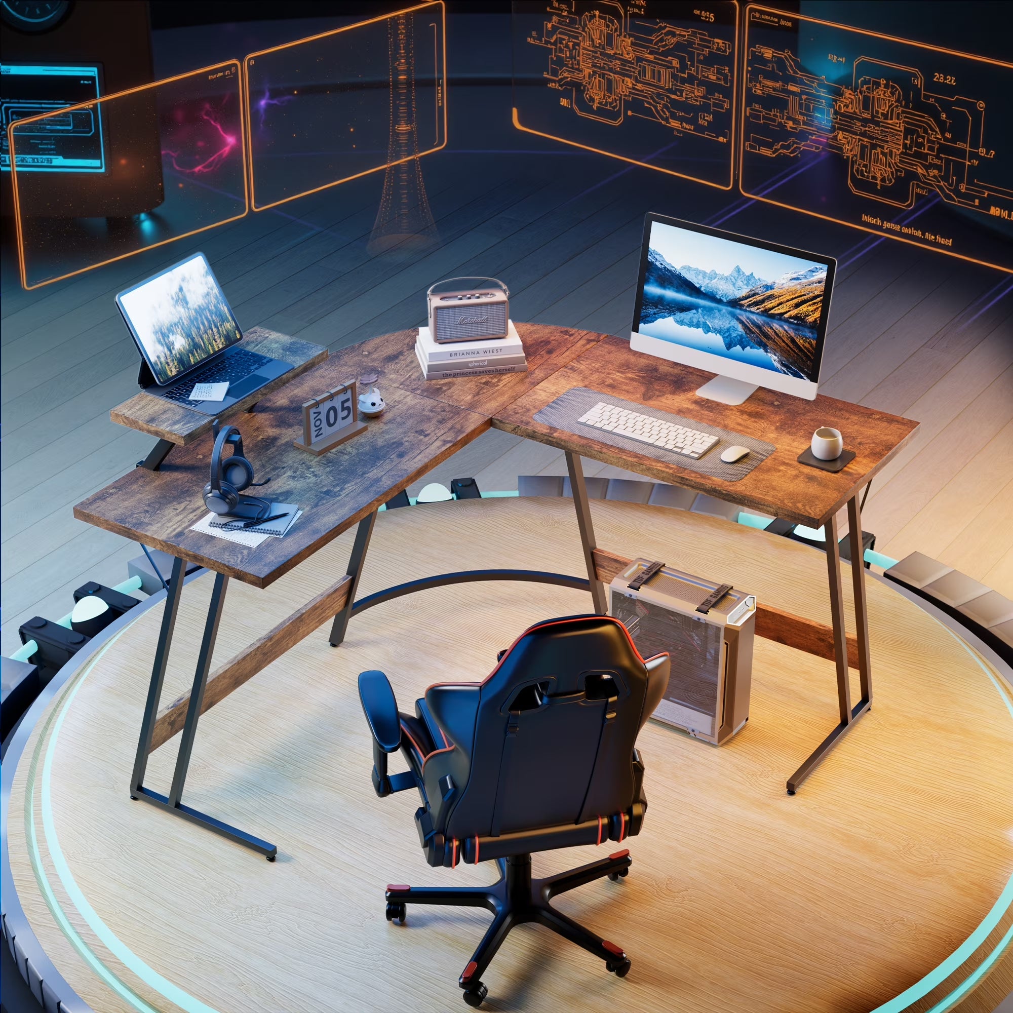 L-Shaped Gaming Desk 51.2 Inches Corner Office Gaming Desk with Removable Monitor Riser, Classical Brown