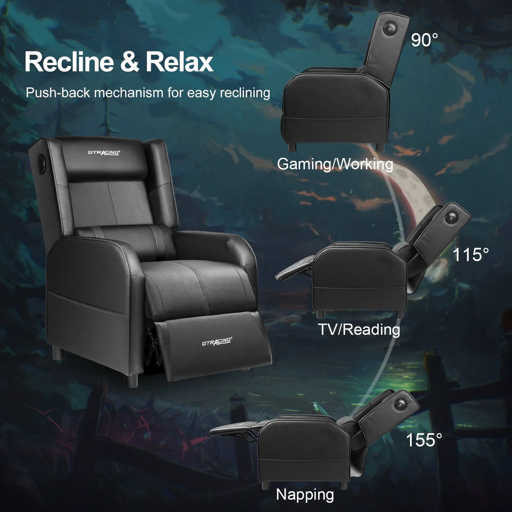 Level up your gaming experience with our sleek Black Recliner Chair! 🎮🛋️ Enjoy ultimate comfort with built-in Bluetooth speakers and a cozy footrest! #GamingChair #HomeTheater #ComfortGaming