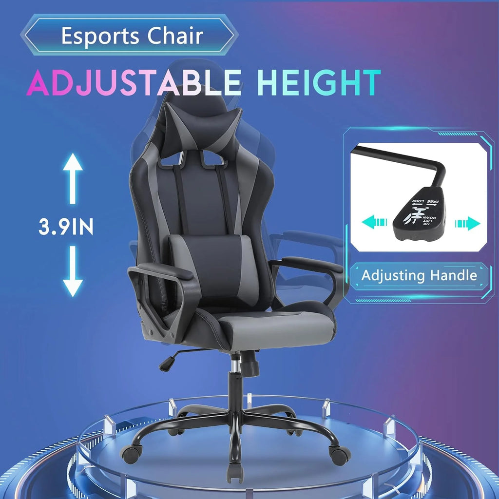 Racing Style Gaming Chair with Adjustable Pillows and Reclining Backrest for Unisex Gamers(Gray)