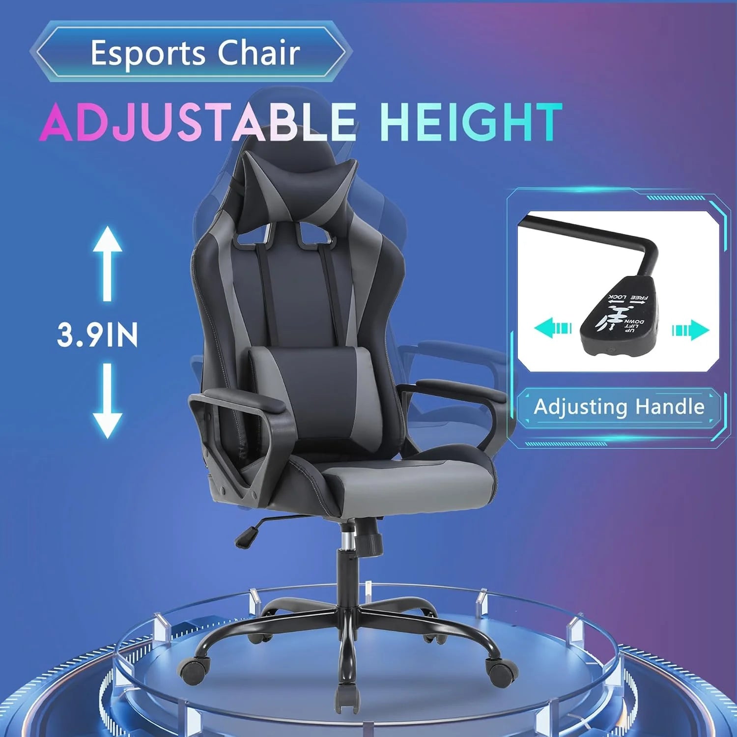 Racing Style Gaming Chair with Adjustable Pillows and Reclining Backrest for Unisex Gamers(Gray)