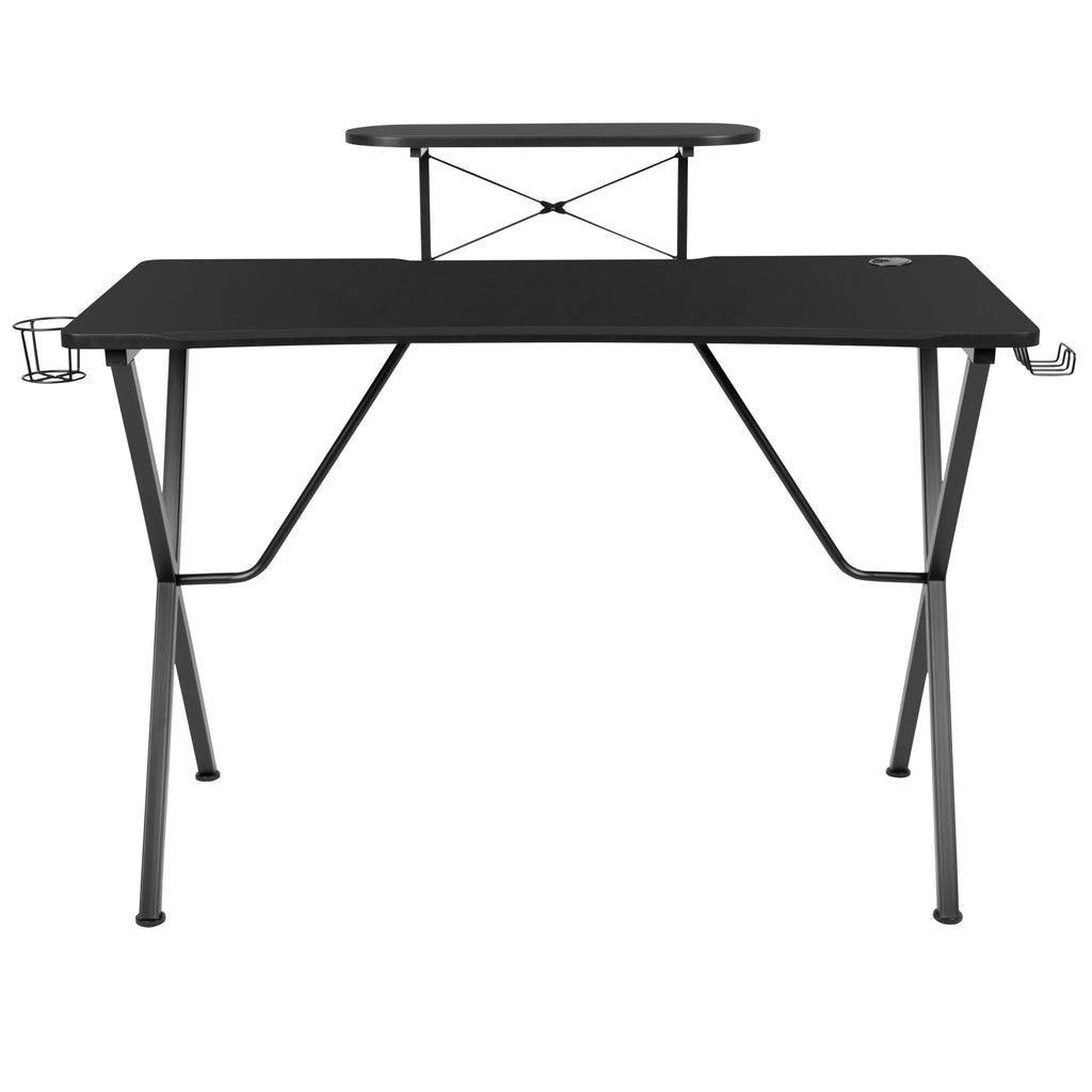 Black Gaming Desk with Cup Holder, Headphone Hook, and Monitor/Smartphone Stand