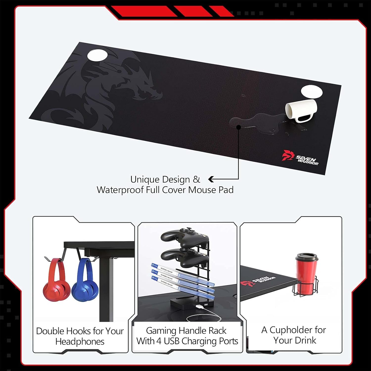 Gaming Desk 55’’, T-Shaped Carbon Fiber Surface Computer Desk with Full Mouse Pad, Gamer Desk with Headphone Hook, USB Rack, Cup Holder
