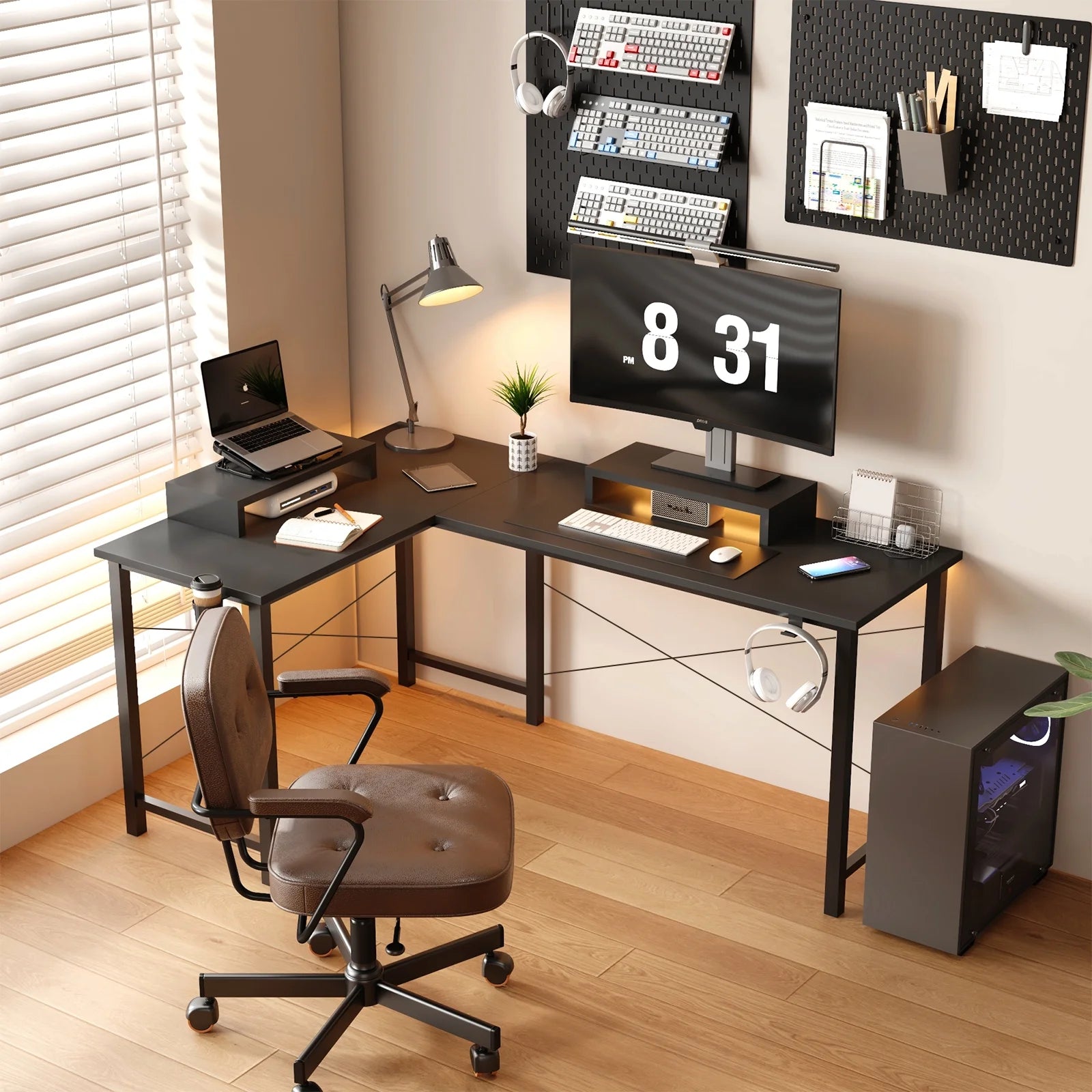 Level up your gaming setup with our sleek L-Shaped Desk featuring RGB lights and removable storage! 🖤✨ #GamingDesk #RGB #GameOn