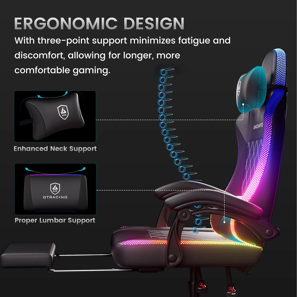 RGB Ergonomic Gaming Chair with Massage, LED Lights, Footrest, Lumbar Support, Black