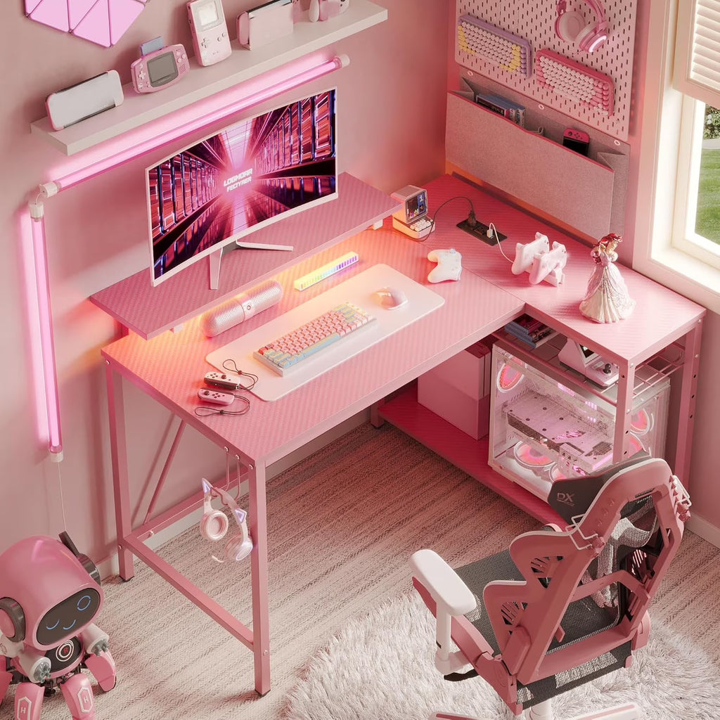 42" L Shaped Computer Desk with Power Outlets, Corner Office Desk with LED Lights & Monitor Stand, Reversible Shelves, Corner Desk for Small Spaces ,Bedrooms & Home, Carbon Fiber Pink