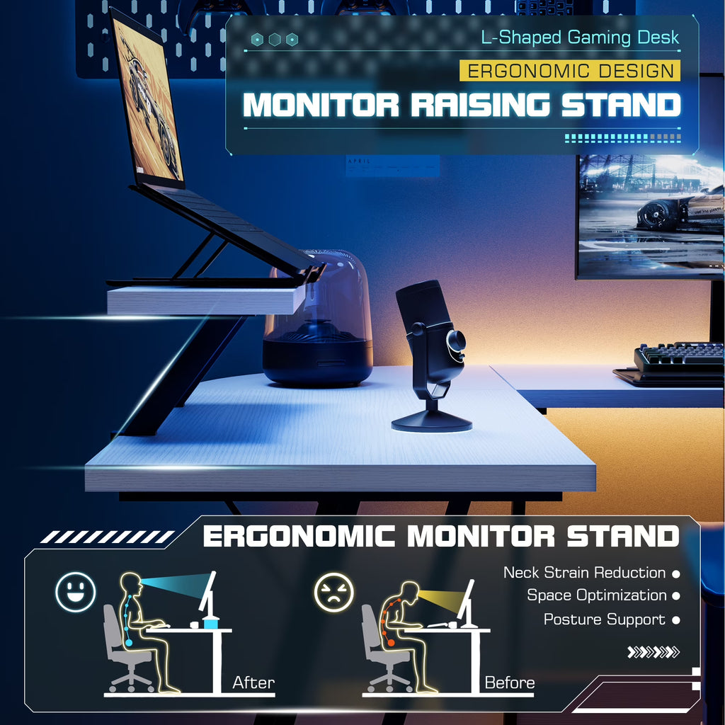 L-Shaped Gaming Desk 51.2 Inches Corner Office Gaming Desk with Removable Monitor Riser, Classical White
