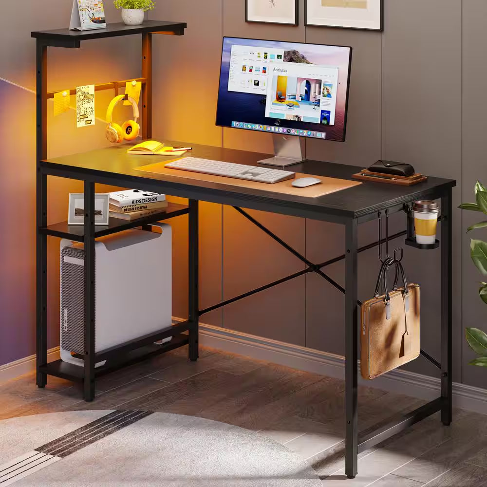 Level up your gaming setup with this sleek 44" Black Grained Desk featuring RGB LED lights and 4-tier storage! 🎮✨ #GamingDesk #SetupGoals