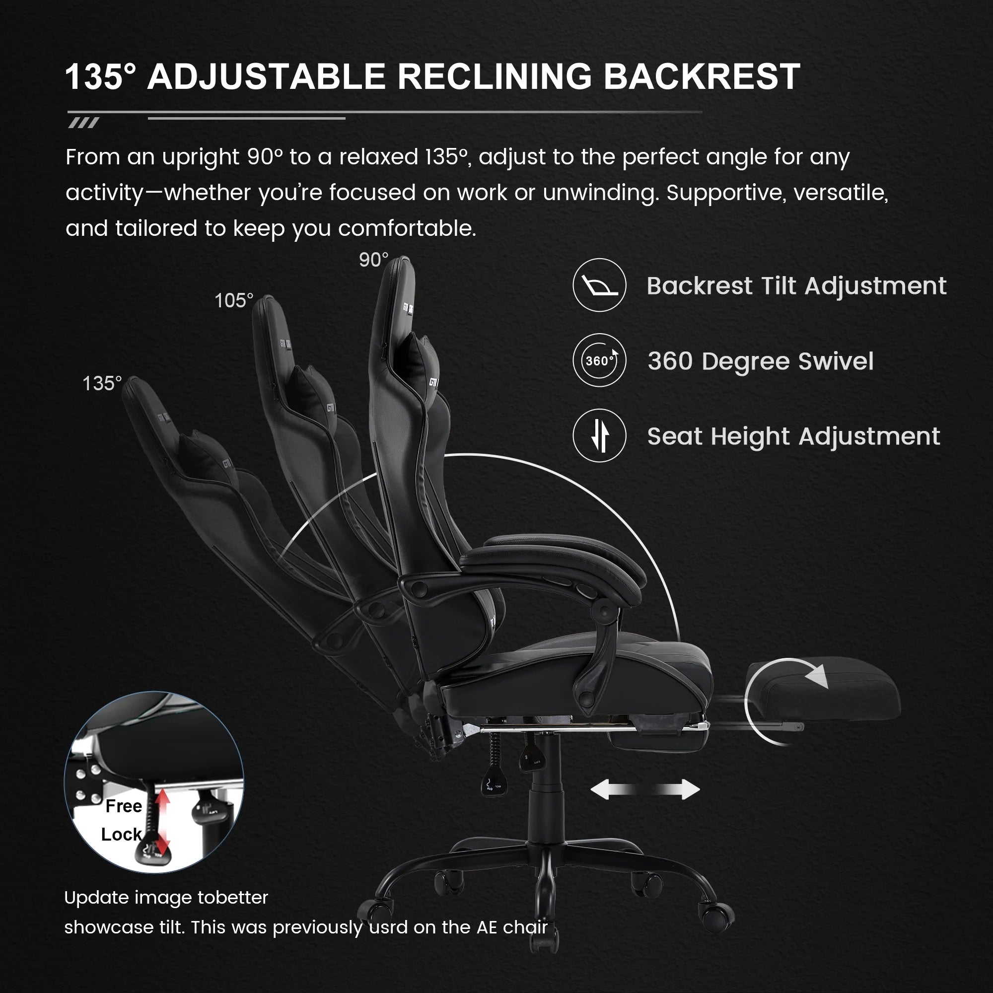 Ergonomic GTWD-200 Gaming and Office Chair with Adjustable Pillows and Footrest, Black