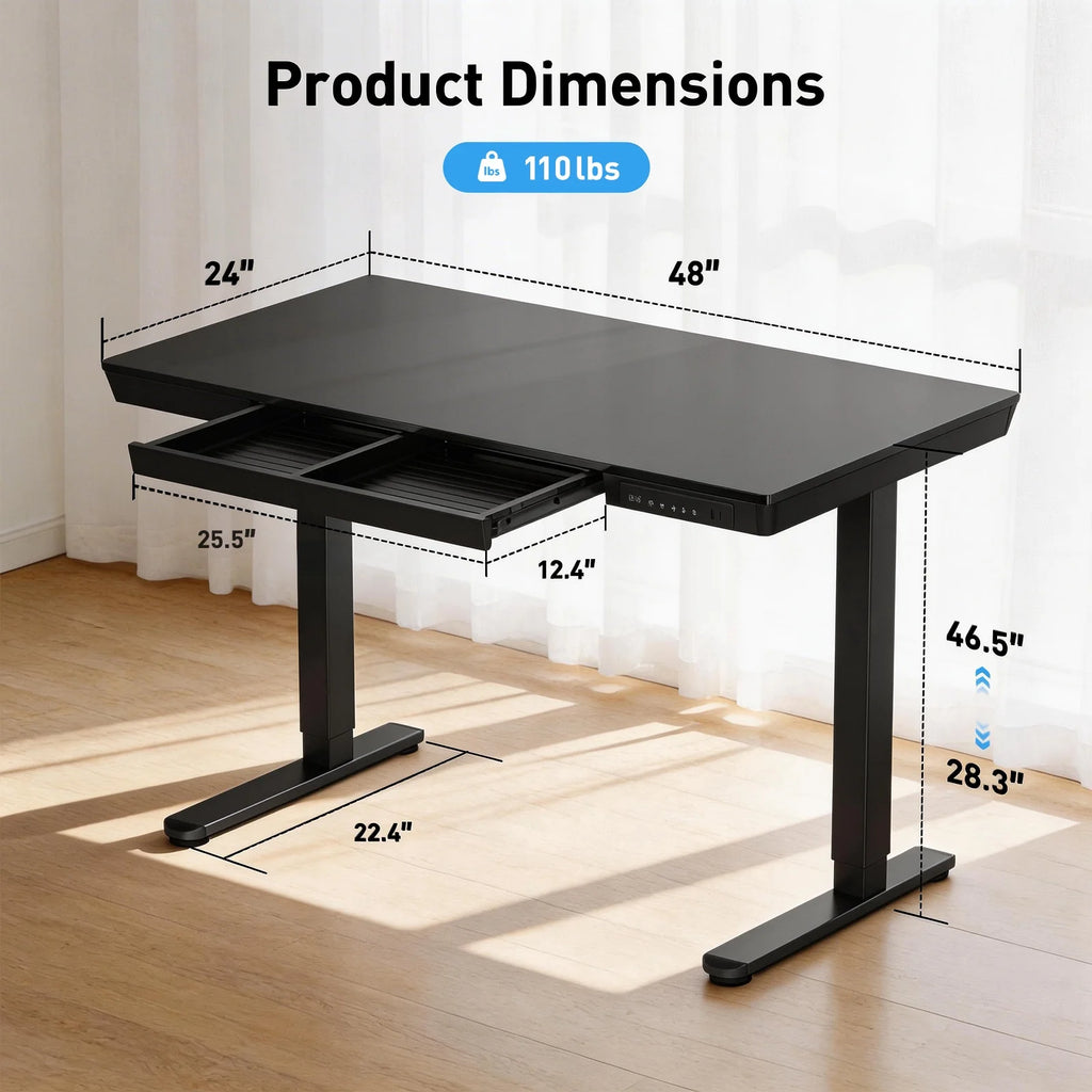 Glass Top Electric Standing Desk with Drawer, 48'' X 24'' Electric Height Adjustable Desk with USB Charging Ports, Sit Stand up for Home Office