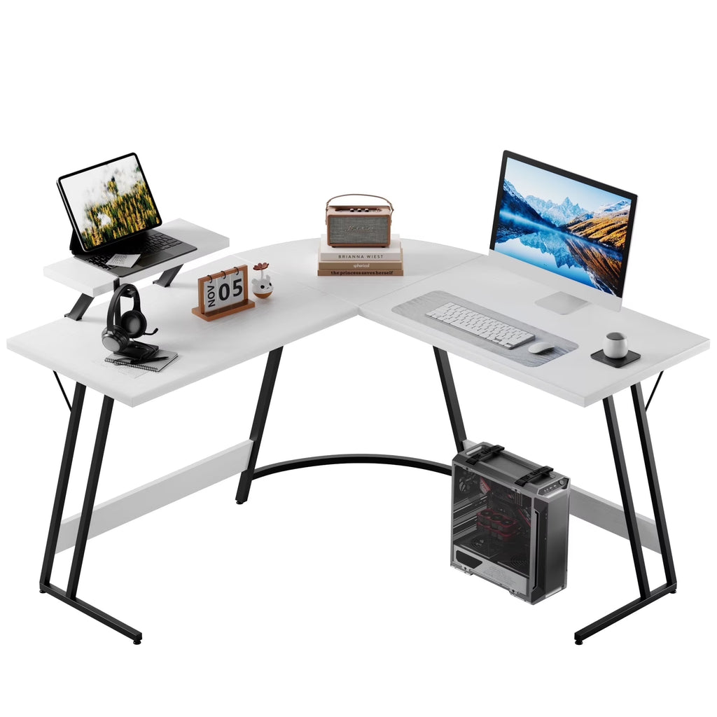 L-Shaped Gaming Desk 51.2 Inches Corner Office Gaming Desk with Removable Monitor Riser, Classical White