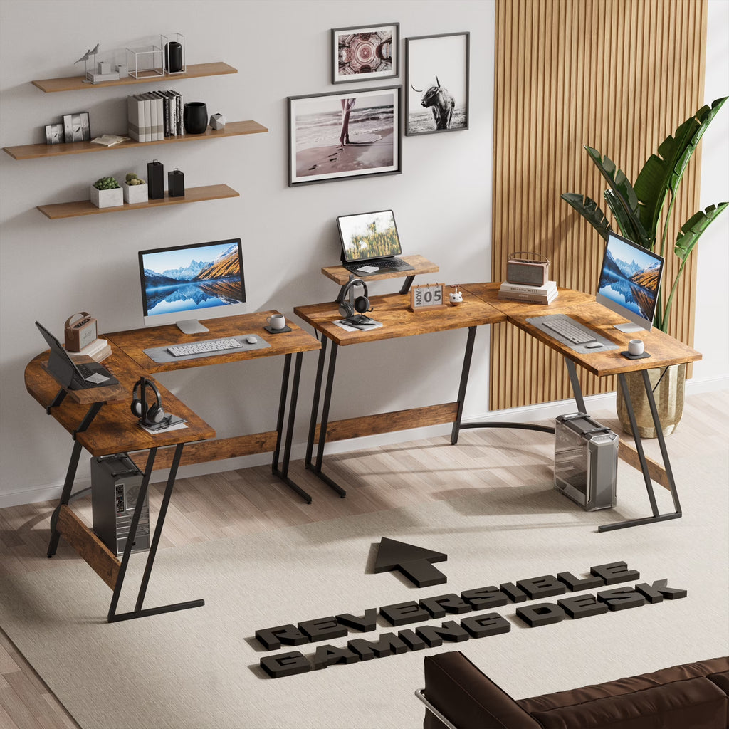 L-Shaped Gaming Desk 51.2 Inches Corner Office Gaming Desk with Removable Monitor Riser, Classical Brown