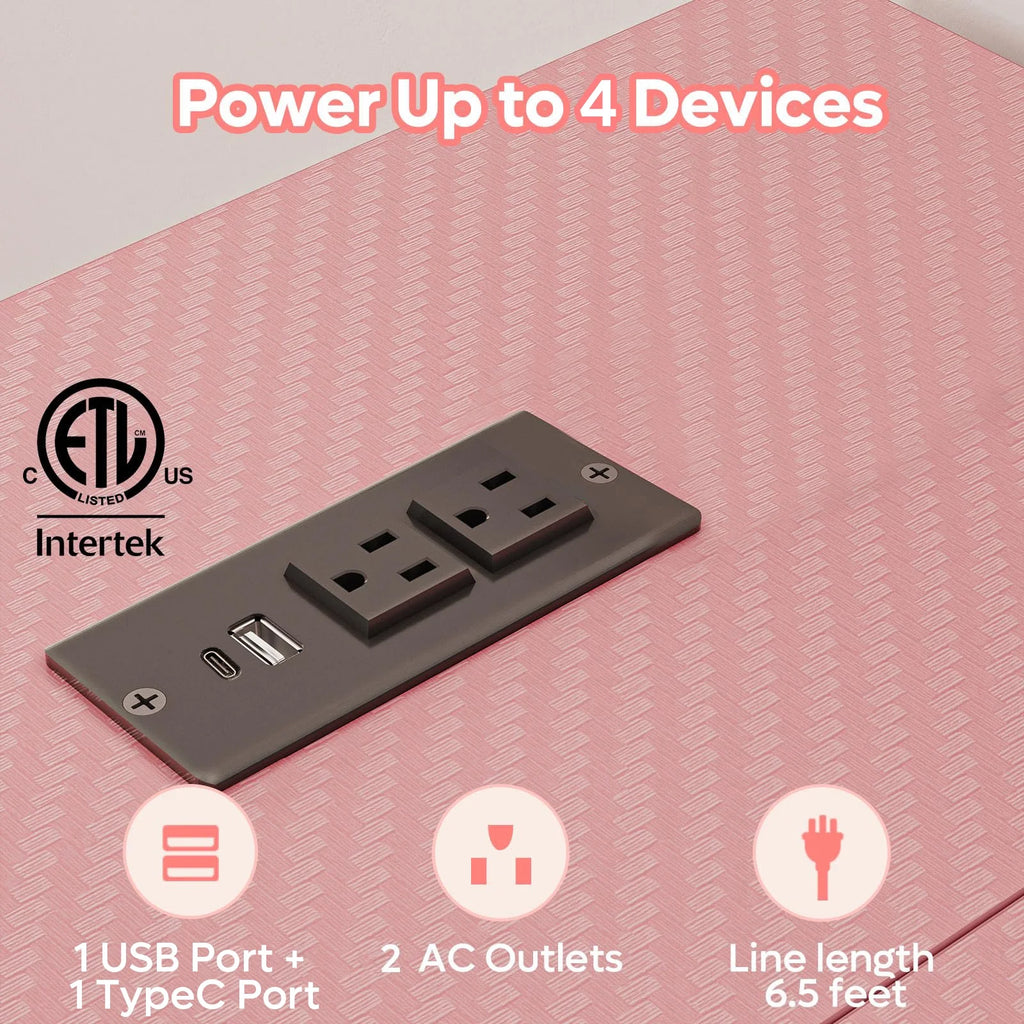 42" L Shaped Computer Desk with Power Outlets, Corner Office Desk with LED Lights & Monitor Stand, Reversible Shelves, Corner Desk for Small Spaces ,Bedrooms & Home, Carbon Fiber Pink