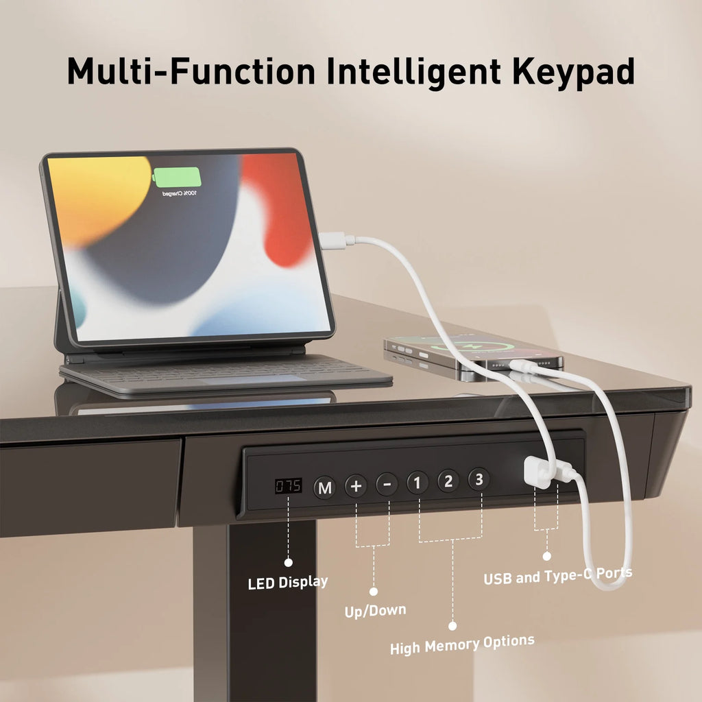 Glass Top Electric Standing Desk with Drawer, 48'' X 24'' Electric Height Adjustable Desk with USB Charging Ports, Sit Stand up for Home Office