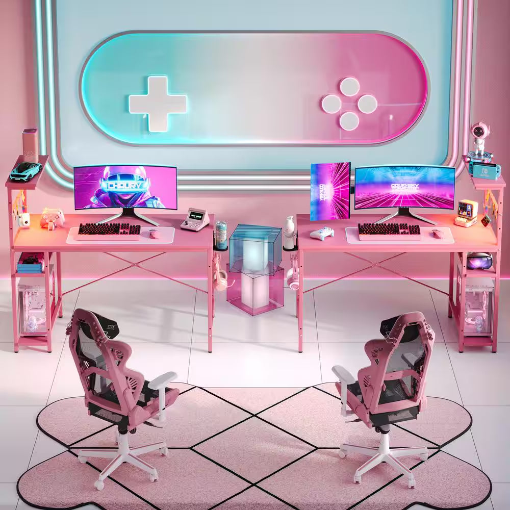 Level up your gaming setup with this 44" Pink Carbon Fiber Desk! 🌟✨ Featuring RGB LED lights, 4-tier storage, and a handy hook! 🎮💖 #GamingDesk #RGBLights #GamerStyle