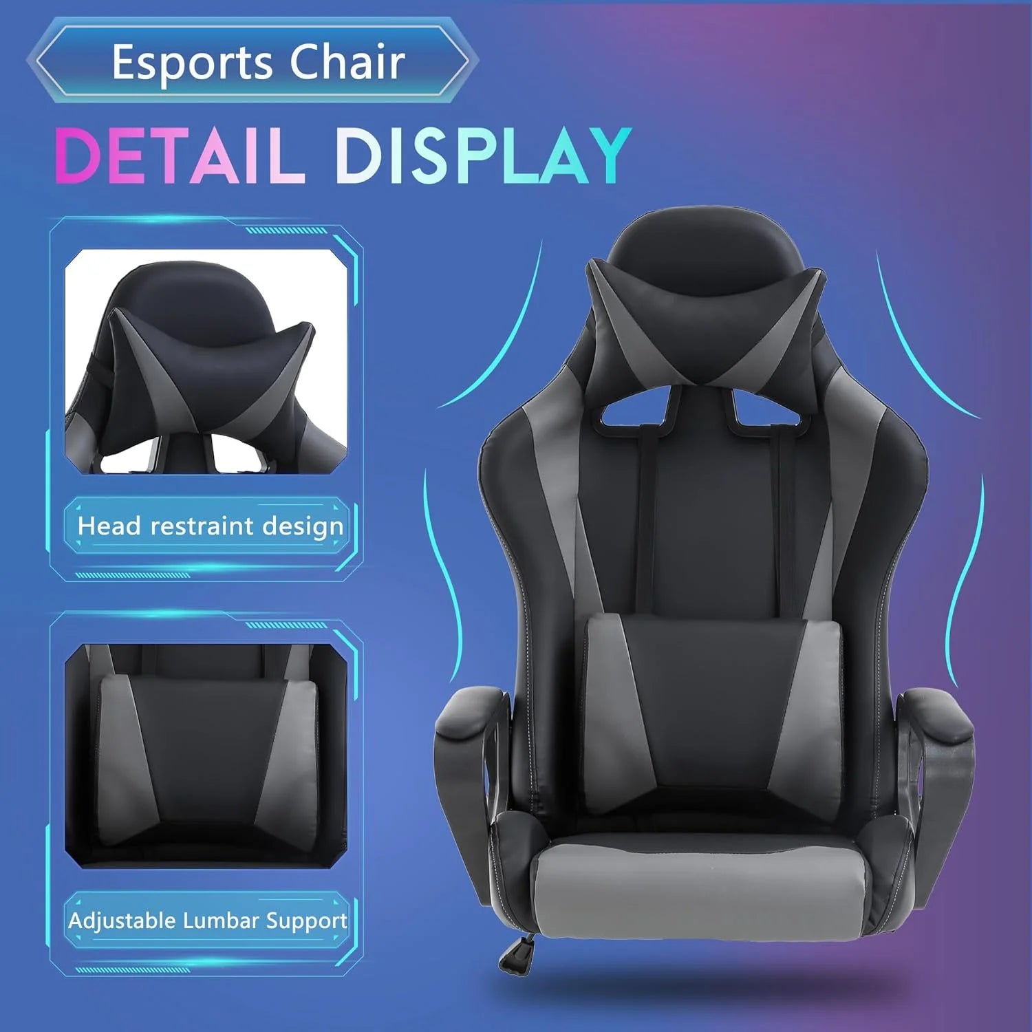 Racing Style Gaming Chair with Adjustable Pillows and Reclining Backrest for Unisex Gamers(Gray)