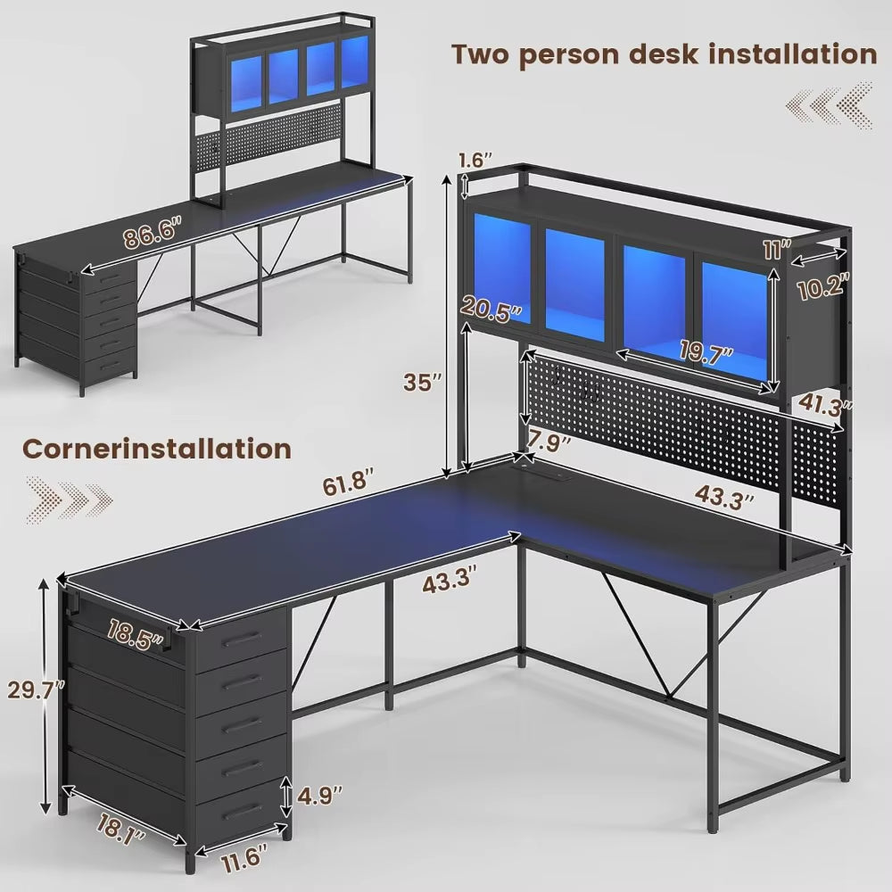 L Shaped Gaming Desk with Drawers, L Shaped Computer Desk with Hutch and Storage Shelves, Gaming Desk with Pegboard, Led Lights