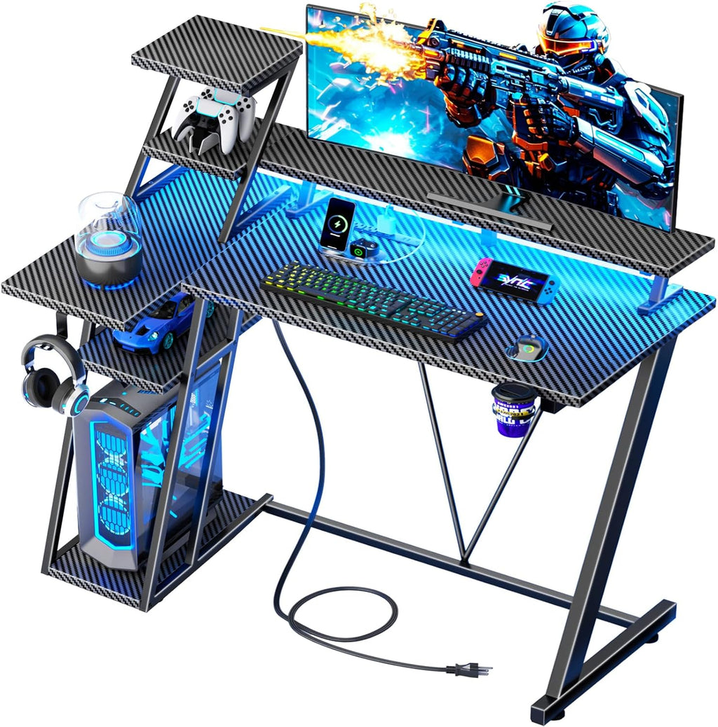 40" L-Shaped Gaming Desk with LED Lights & Power Outlet, Carbon Fiber Black