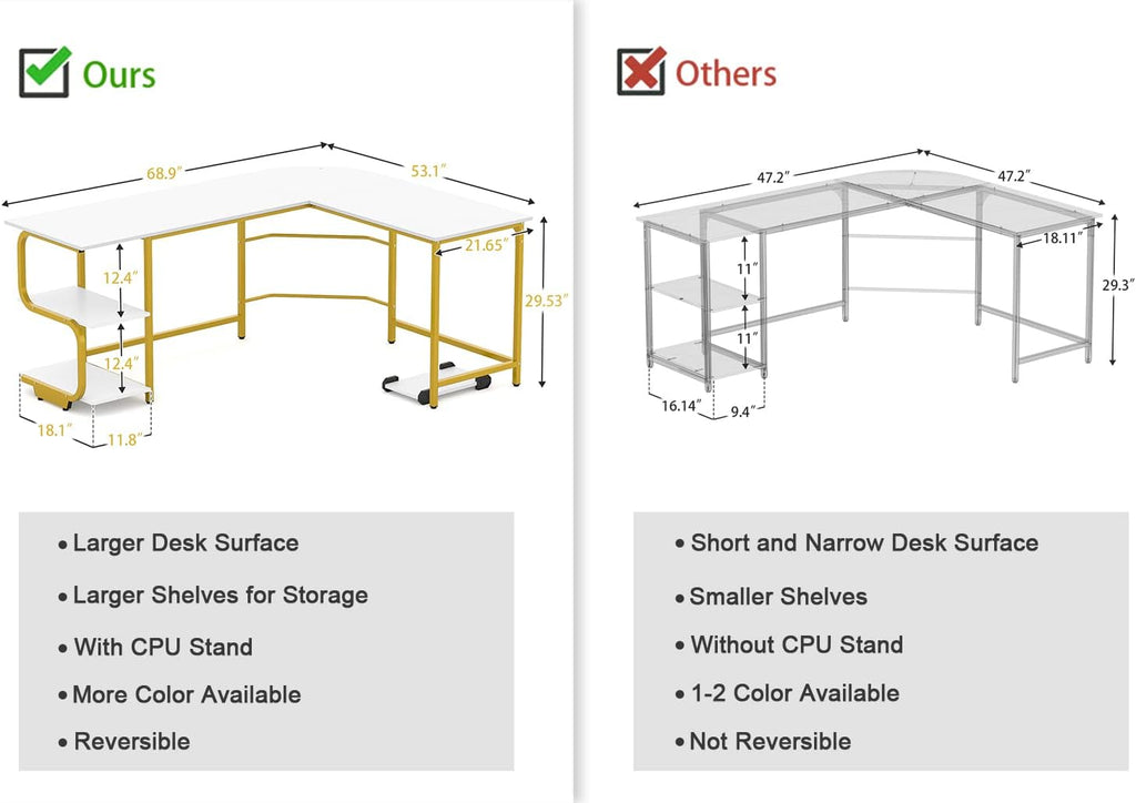 Reversible L Shaped Desk with Large Surface, 69 Inch Sturdy Corner Desk with Storage Shelves, Premium Office Computer Desk Workstation for Home Office Gaming