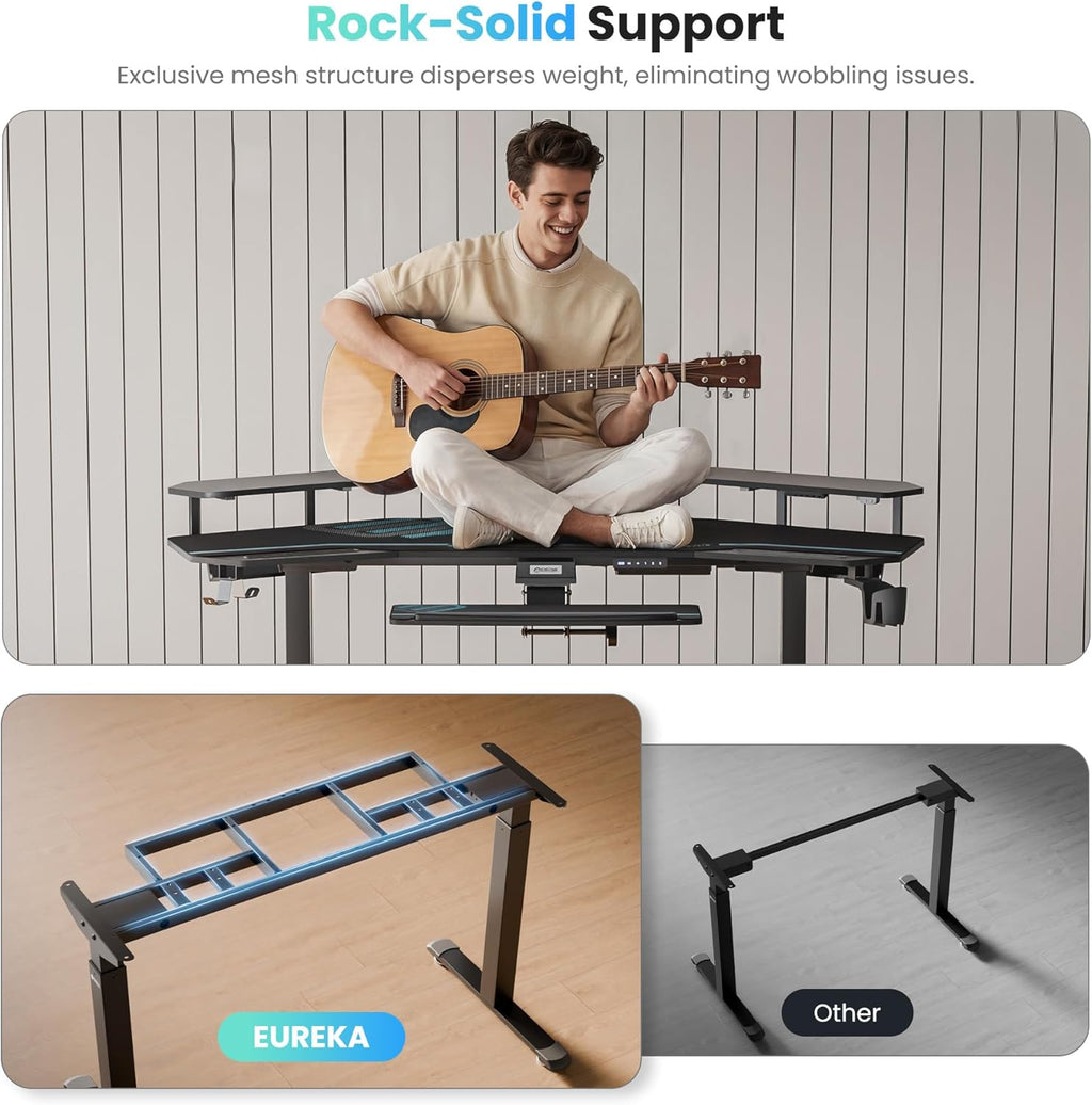 Gaming Desk, Standing Desk W Keyboard Tray, 72" Wing Shaped Music Studio Table with LED Shelves, Gaming Recording Live Stream, Slot Design