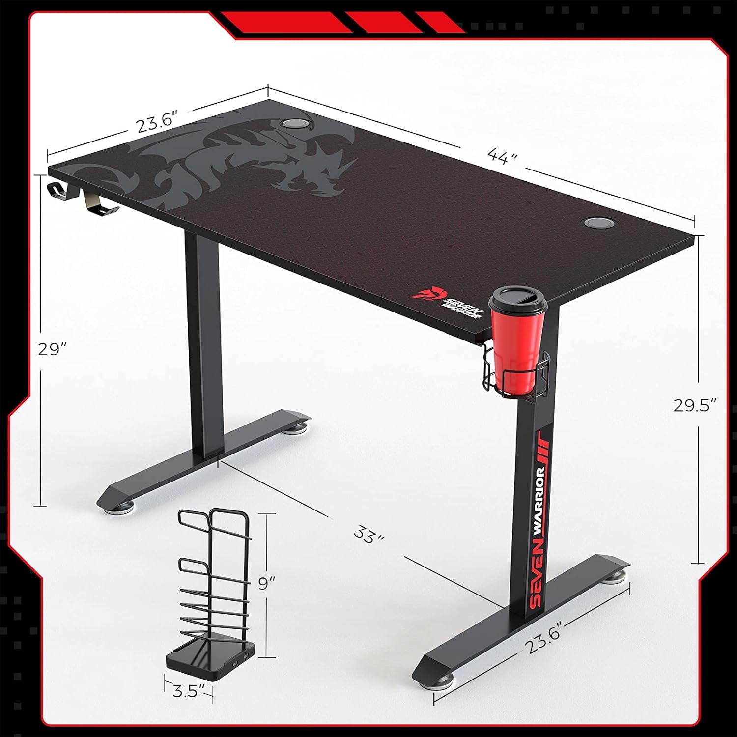 Gaming Desk 44 INCH, T- Shaped Carbon Fiber Surface Computer Desk with Full Desk Mouse Pad, Ergonomic E-Sport Style Gamer Desk with Double Headphone Hook, USB Gaming Rack, Cup Holder