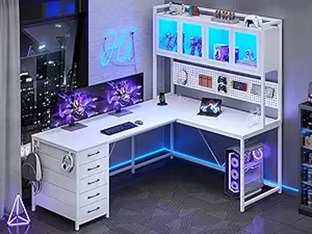 L Shaped Gaming Desk with Drawers, L Shaped Computer Desk with Hutch and Storage Shelves, Gaming Desk with Pegboard, Led Lights