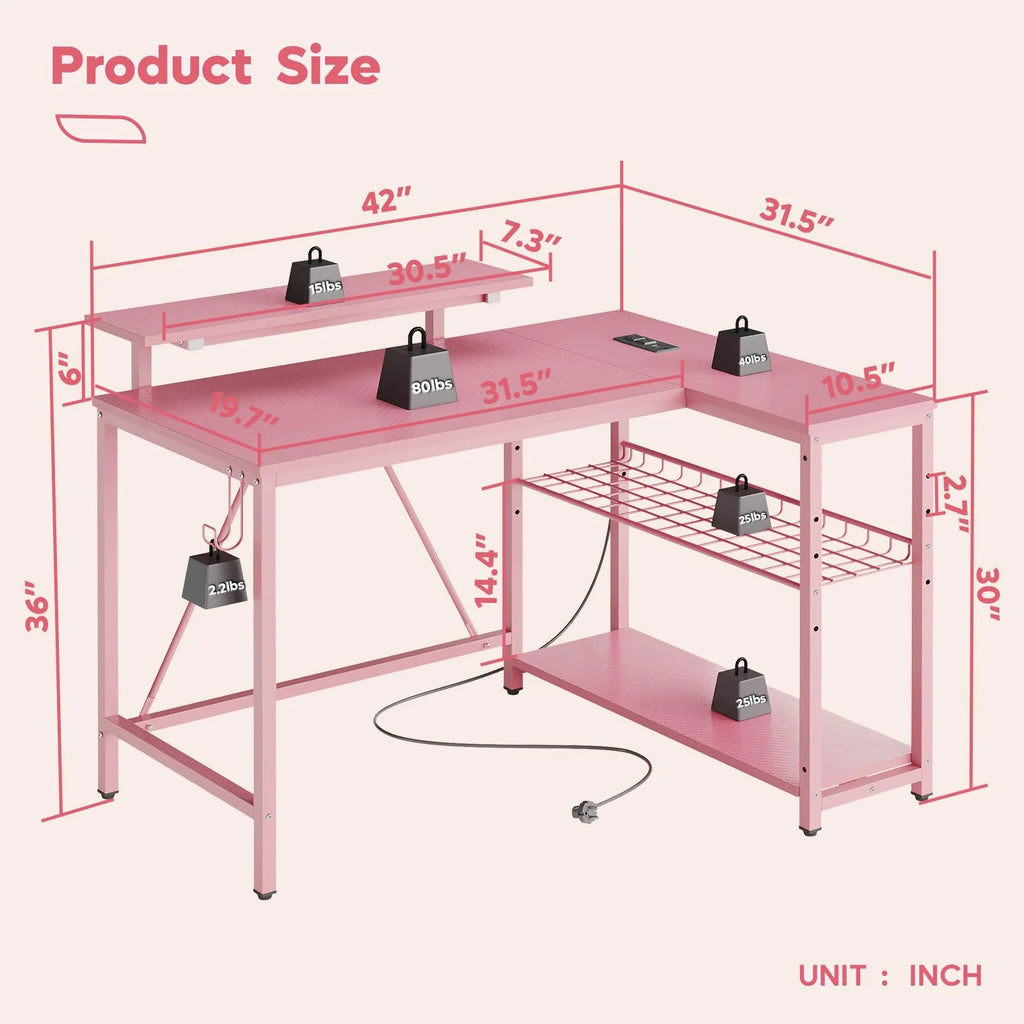 42" L Shaped Computer Desk with Power Outlets, Corner Office Desk with LED Lights & Monitor Stand, Reversible Shelves, Corner Desk for Small Spaces ,Bedrooms & Home, Carbon Fiber Pink
