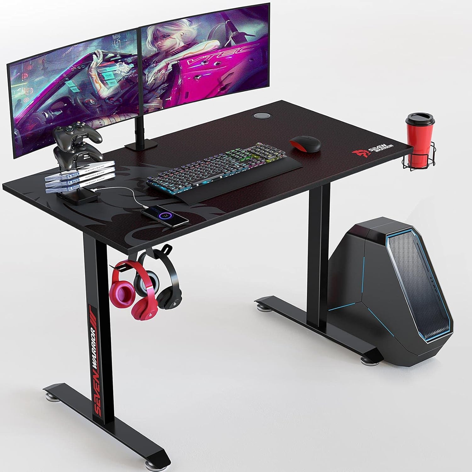 Gaming Desk 44 INCH, T- Shaped Carbon Fiber Surface Computer Desk with Full Desk Mouse Pad, Ergonomic E-Sport Style Gamer Desk with Double Headphone Hook, USB Gaming Rack, Cup Holder