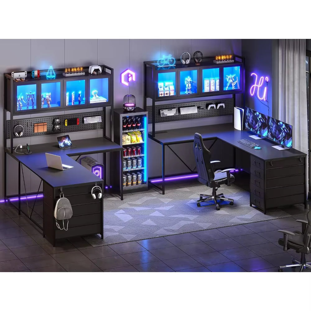 L Shaped Gaming Desk with Drawers, L Shaped Computer Desk with Hutch and Storage Shelves, Gaming Desk with Pegboard, Led Lights