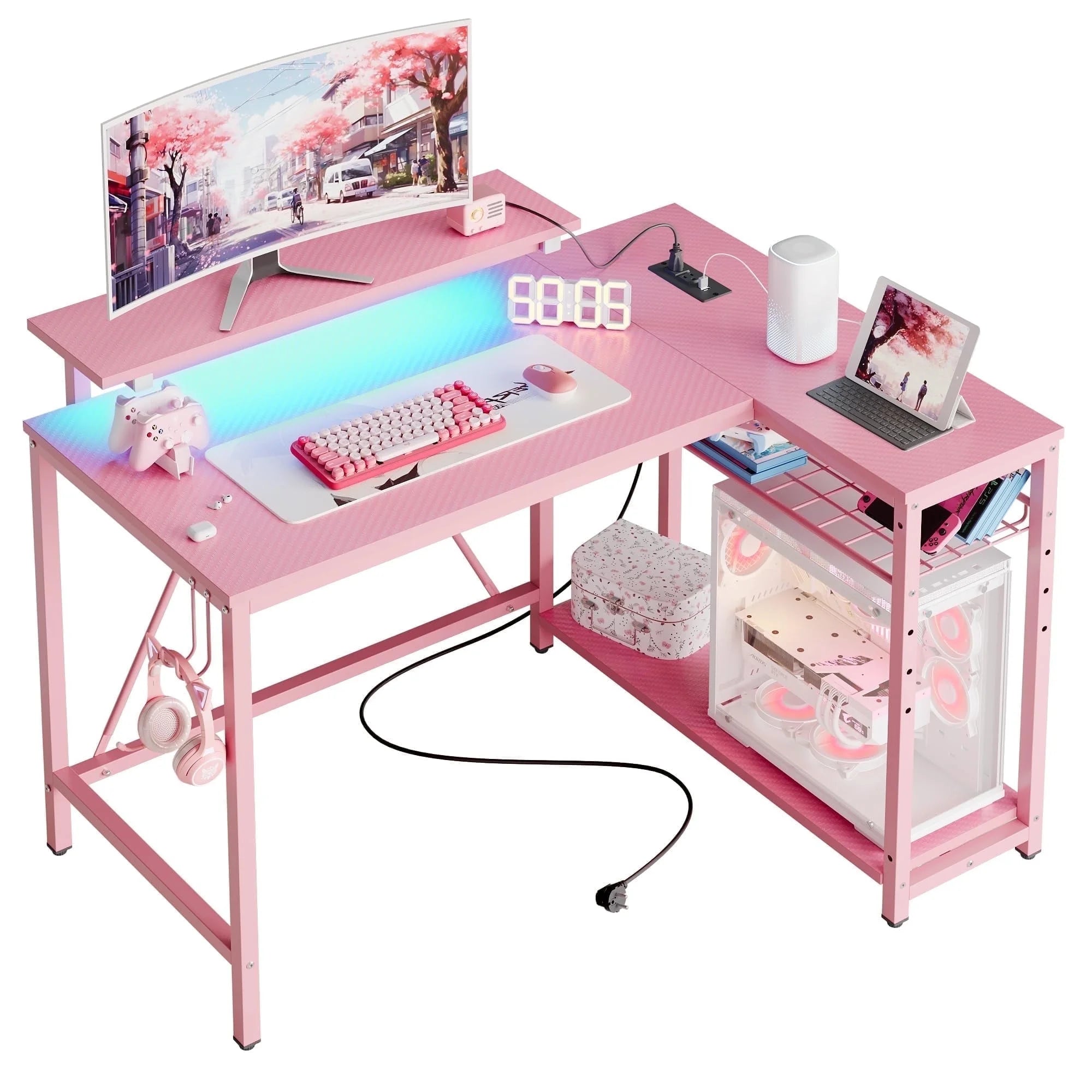 42" L Shaped Computer Desk with Power Outlets, Corner Office Desk with LED Lights & Monitor Stand, Reversible Shelves, Corner Desk for Small Spaces ,Bedrooms & Home, Carbon Fiber Pink