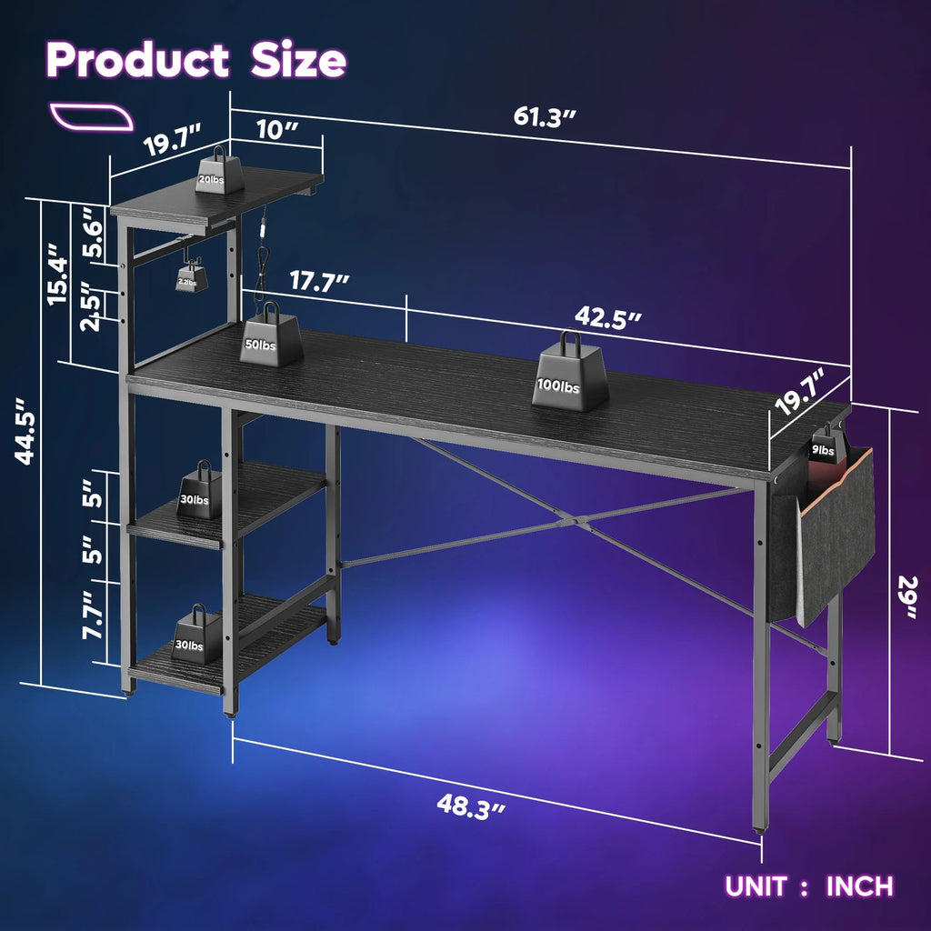 Transform your gaming space with this stylish 61" Reversible Desk, complete with LED lights and 4 roomy shelves! 🖥️✨ #GamingDesk #HomeOffice #LEDLighting