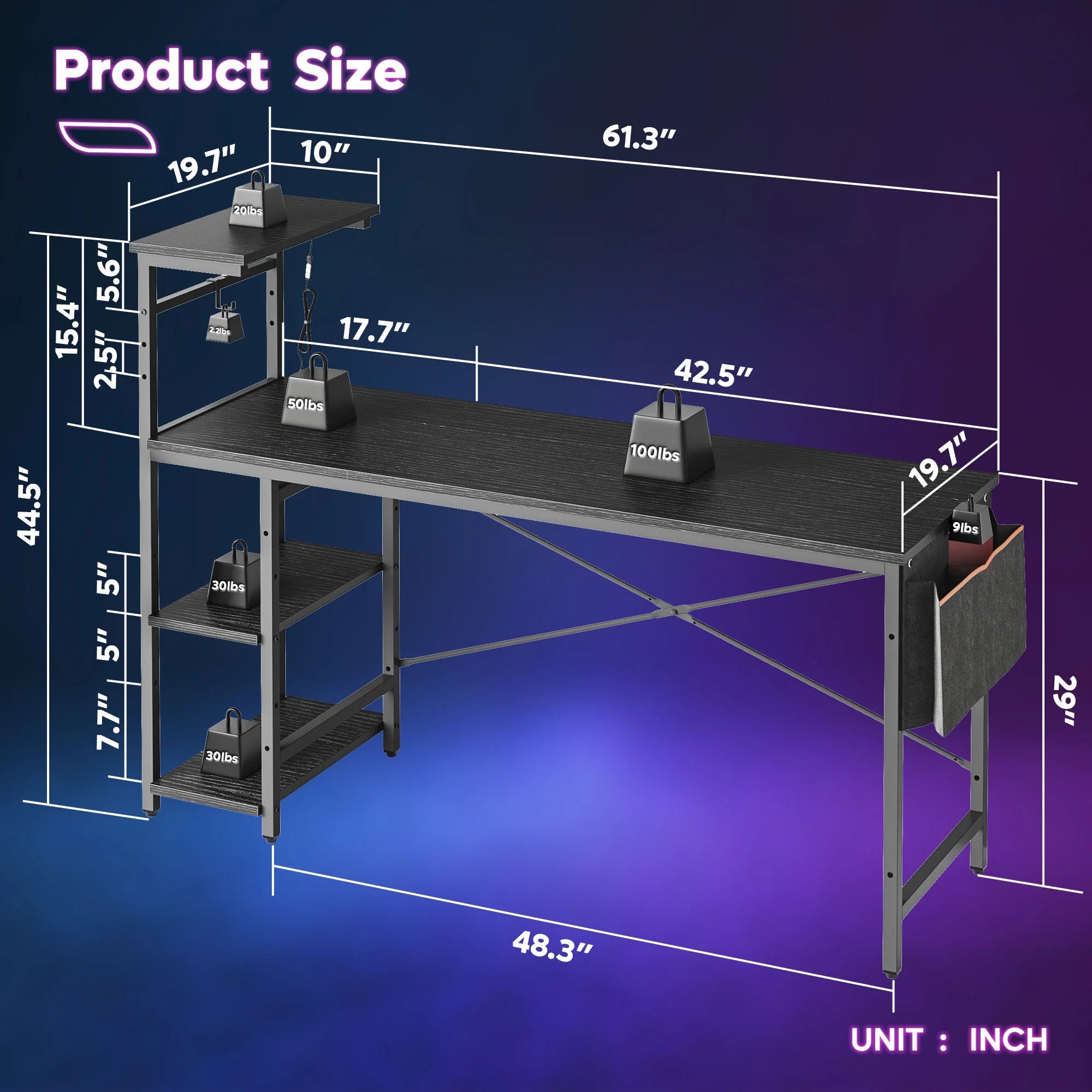 Transform your gaming space with this stylish 61" Reversible Desk, complete with LED lights and 4 roomy shelves! 🖥️✨ #GamingDesk #HomeOffice #LEDLighting
