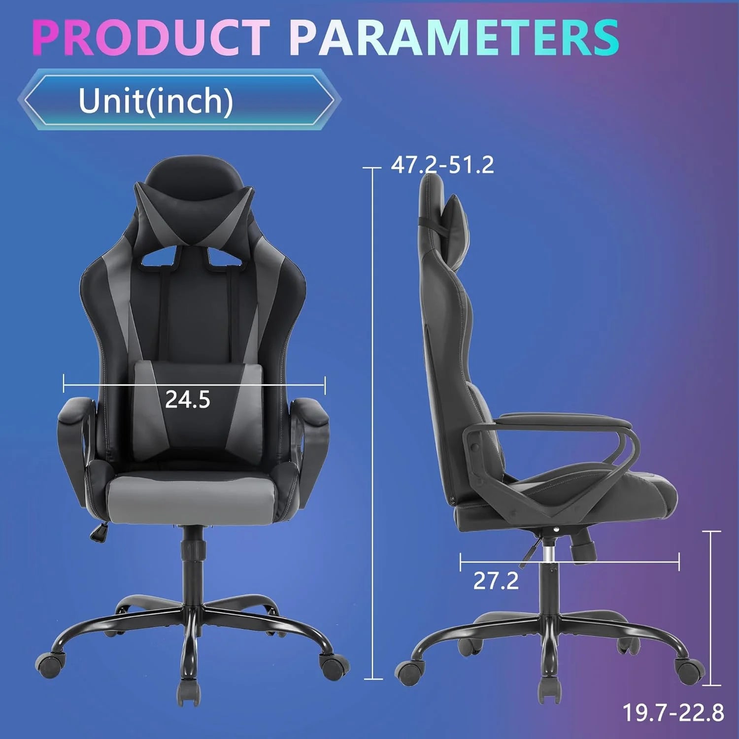 Racing Style Gaming Chair with Adjustable Pillows and Reclining Backrest for Unisex Gamers(Gray)