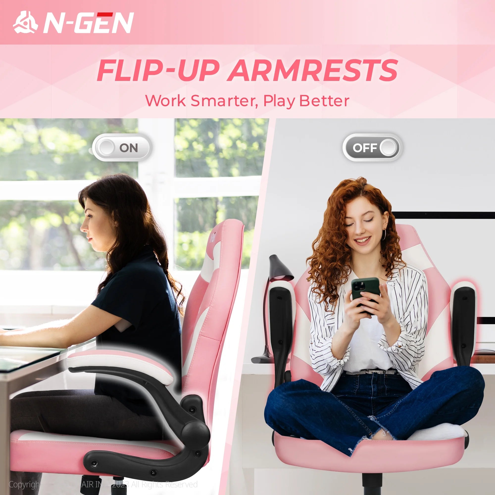 N-GEN Gaming Chair, Ergonomic Leather Computer Desk Chair, Adjustable Swivel Task Chair with Flip-Up Armrest for Adults, Pink