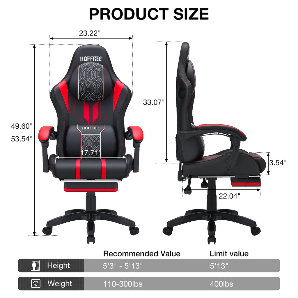Big and Tall Gaming Chair with Speakers Office Chair with Footrest Heavy Duty Gamer Chair with Lumbar Support Height Adjustable 360-Swivel Seat and Headrest for Adults, 400Lbs