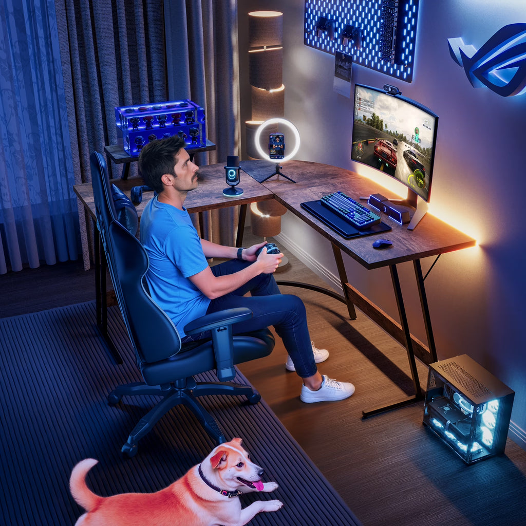 L-Shaped Gaming Desk 51.2 Inches Corner Office Gaming Desk with Removable Monitor Riser, Classical Brown