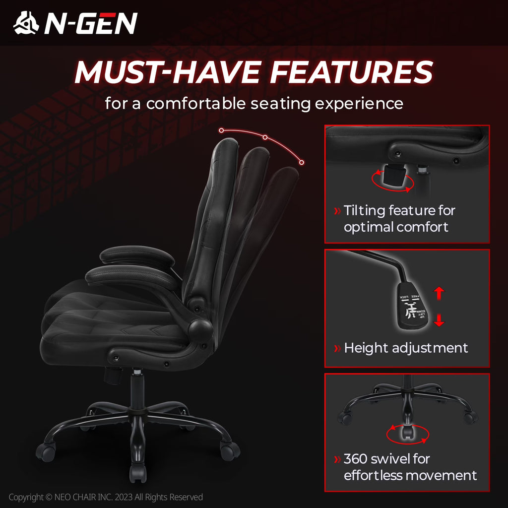 Level up your gaming setup with the N-GEN Black Gaming Chair! 🎮🖥️ Ergonomic design, flip-up armrests, and sleek PU leather make it the ultimate desk chair for gamers and professionals alike! #GamingChair #ErgonomicDesign #OfficeStyle