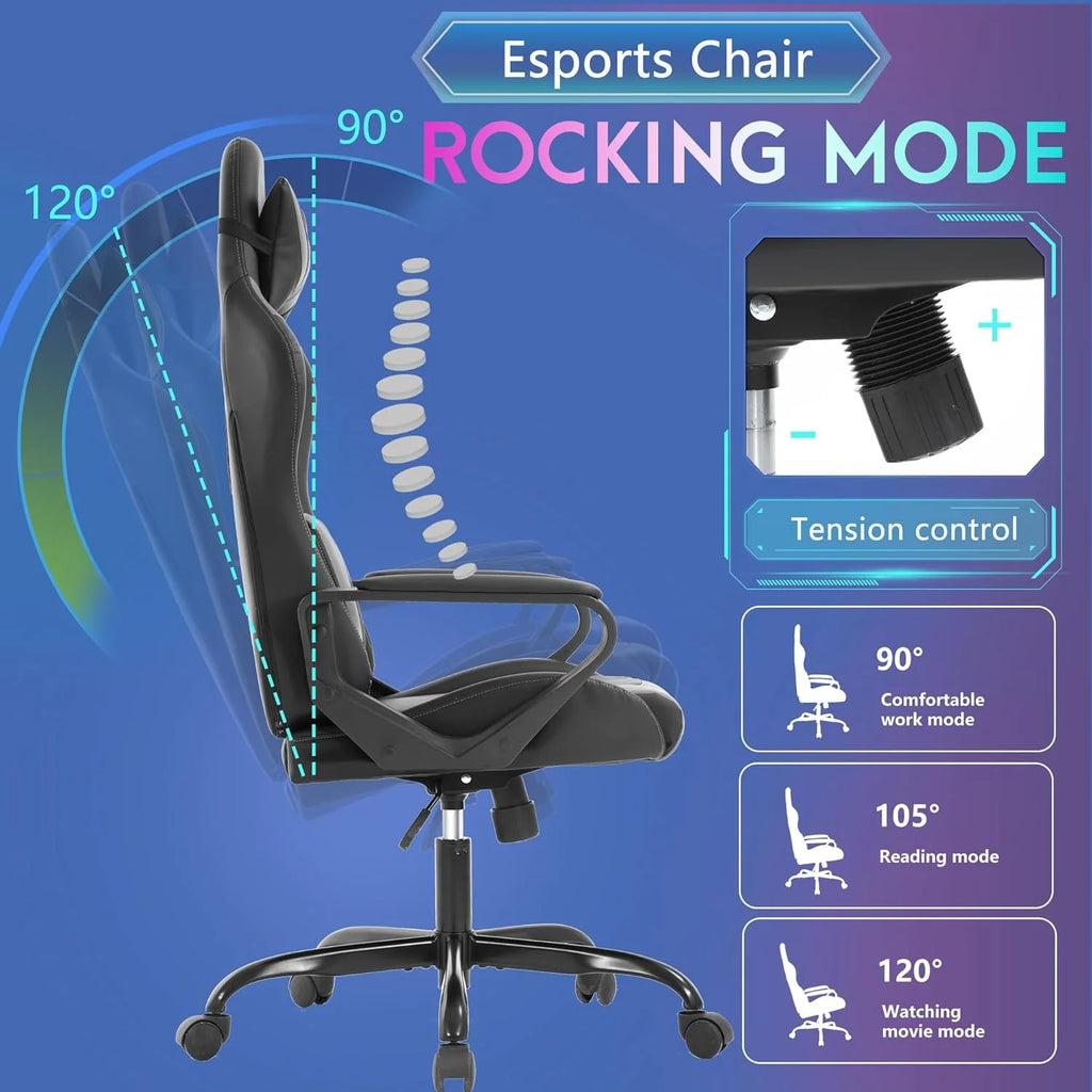 Racing Style Gaming Chair with Adjustable Pillows and Reclining Backrest for Unisex Gamers(Gray)