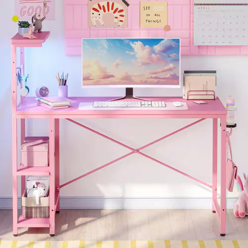 Level up your gaming setup with this 44" Pink Carbon Fiber Desk! 🌟✨ Featuring RGB LED lights, 4-tier storage, and a handy hook! 🎮💖 #GamingDesk #RGBLights #GamerStyle