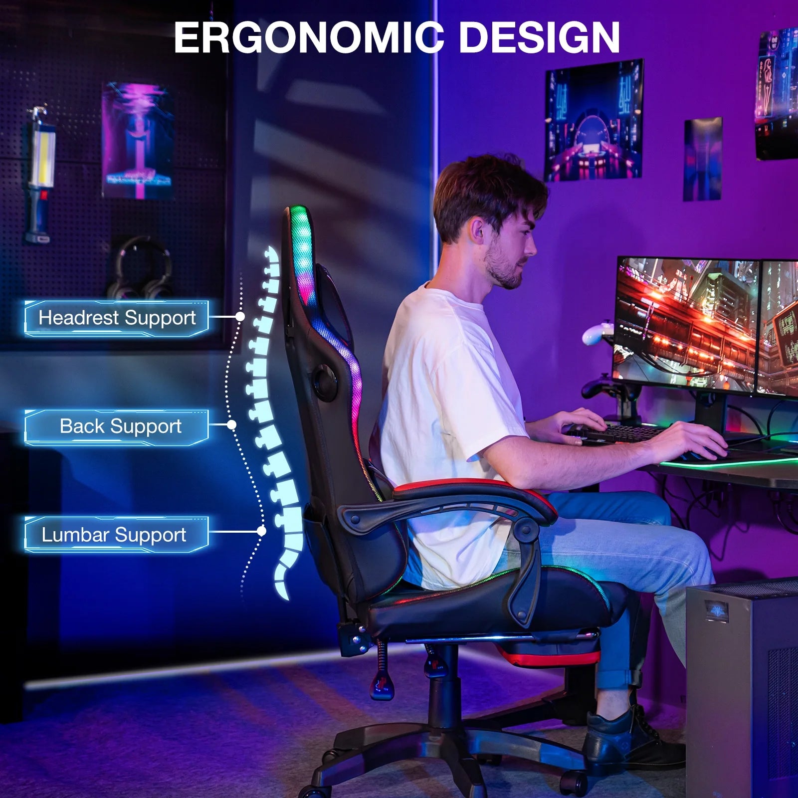 Big and Tall Gaming Chair with Speakers Office Chair with Footrest Heavy Duty Gamer Chair with Lumbar Support Height Adjustable 360-Swivel Seat and Headrest for Adults, 400Lbs