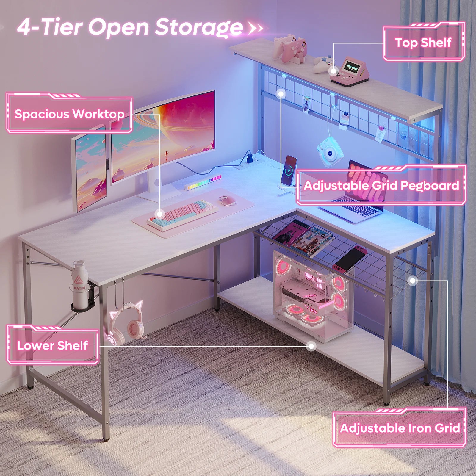 51 L Shaped Gaming Desk with Power Outlets, LED Workstation with 4 Tiers Shelves, Carbon Fiber White