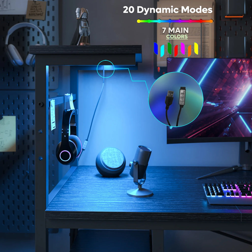 Transform your gaming space with this stylish 61" Reversible Desk, complete with LED lights and 4 roomy shelves! 🖥️✨ #GamingDesk #HomeOffice #LEDLighting