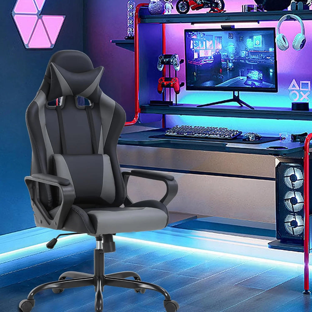 Racing Style Gaming Chair with Adjustable Pillows and Reclining Backrest for Unisex Gamers(Gray)