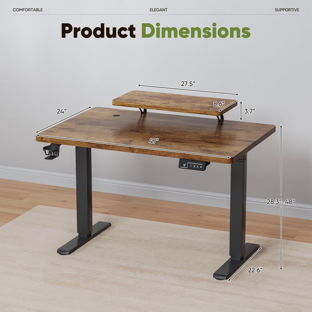 47" Wide Home Office Electric Height Adjustable Standing Desk Lifting Range 28~46" Computer Desk with Monitor Stand,Brown